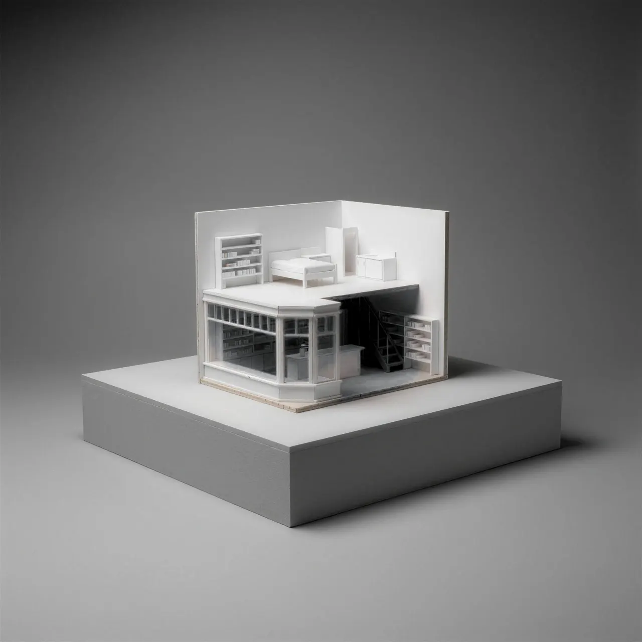 White card model of a two-storey corner shop cut open: shop below, a small flat with a bed upstairs.
