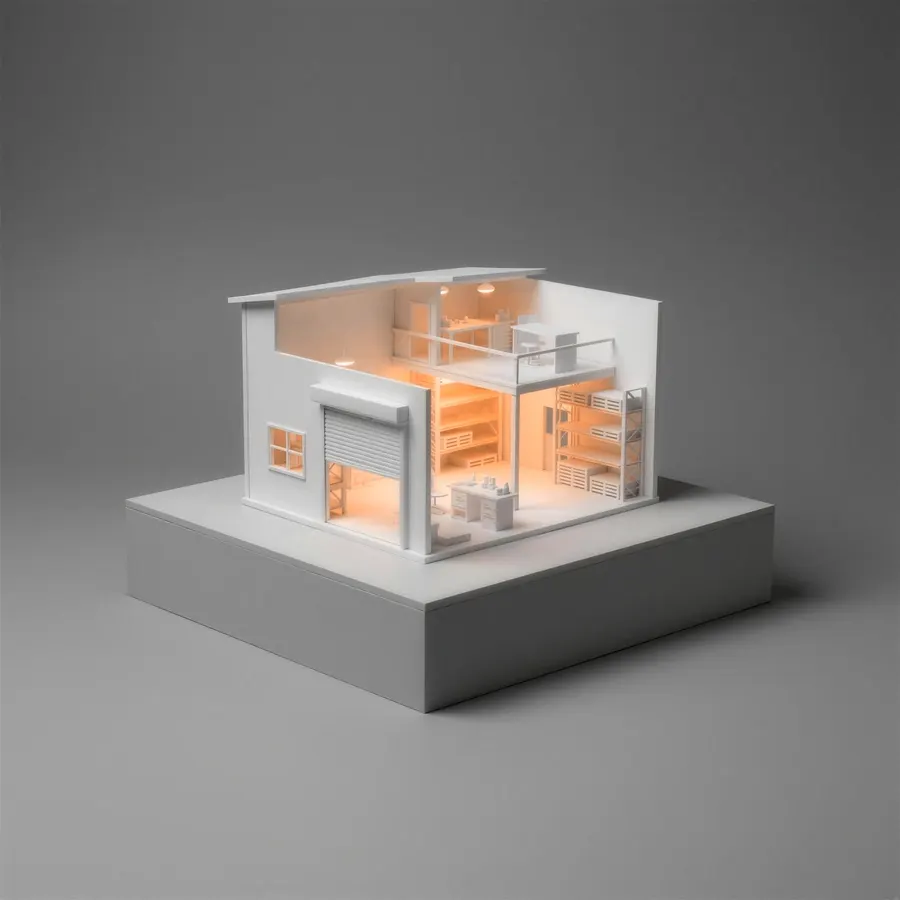 A white card model of a warehouse and workshop on a plinth, cut open, every room lit amber: roller door, workshop, racking and a mezzanine office.